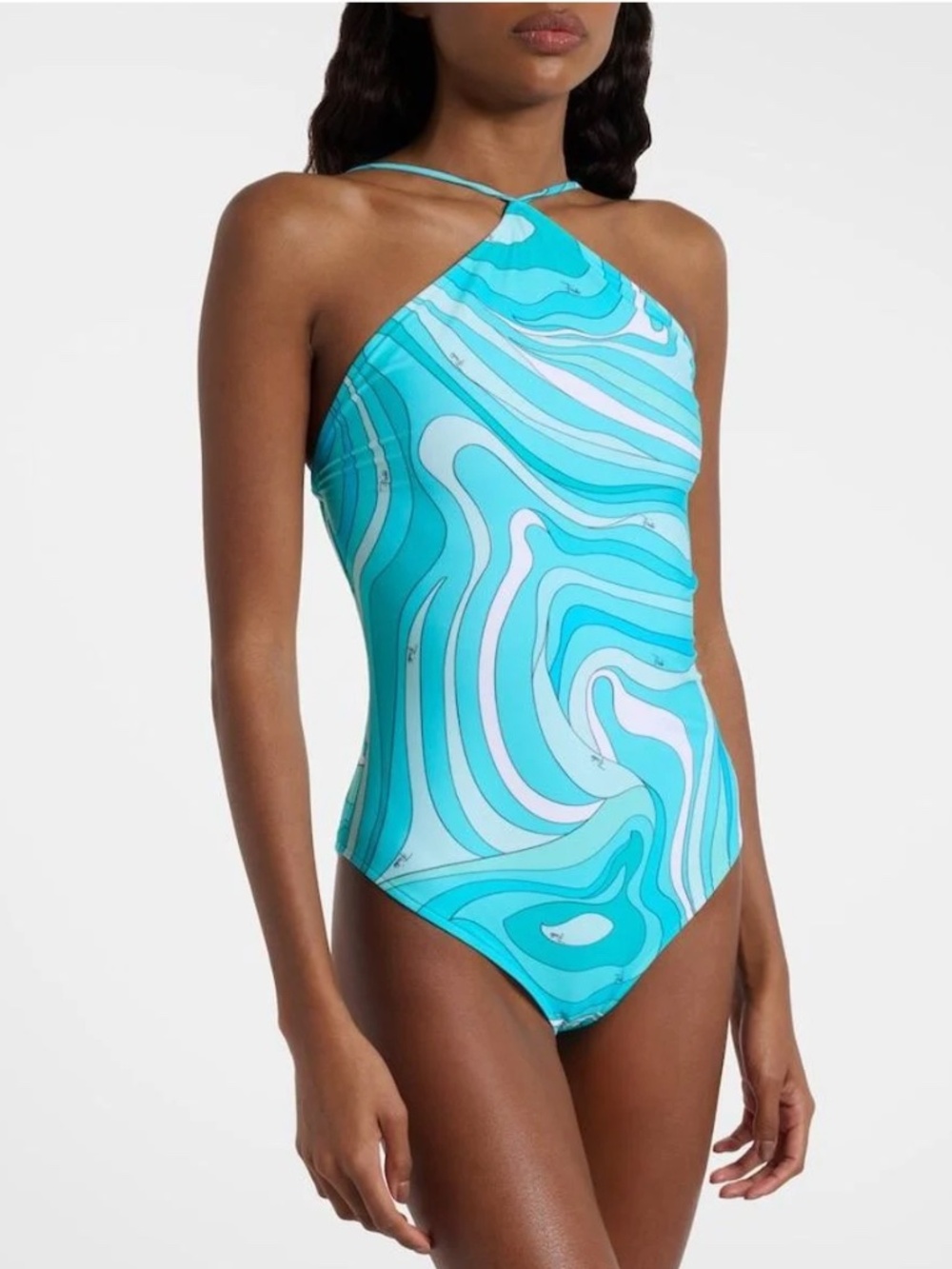 EMILIO PUCCI Women's Blue Marmo Halterneck Swimsuit - Picture 2 of 7